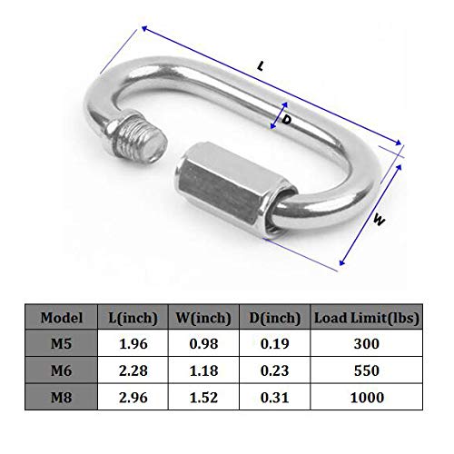 DGOL 304 Stainless Steel Load Limit up to 1000lbs Outdoor Quick Link Lock Screw Hook Ring Snap Carabiner M6 and M8 total 4 pcs