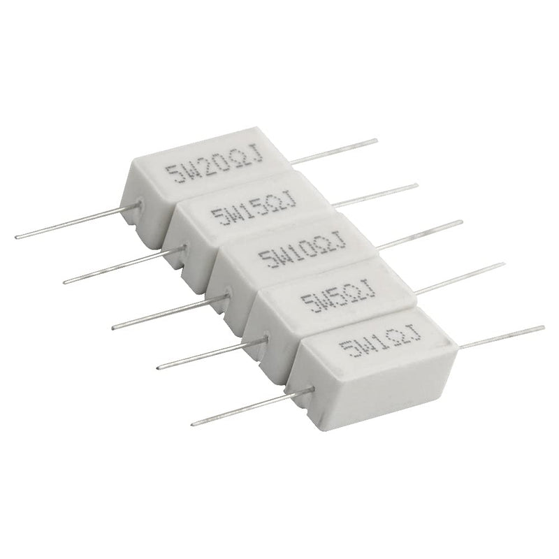XINGYHENG 25Pcs 5W 1 Ohm 5 Ohm 10 Ohm 15 Ohm 20 Ohm Cement Resistors 5% Axial Lead Power Resistor Ceramic Cement Resistor Wire Wound Fixed Metal Full Range Resistors Kit White