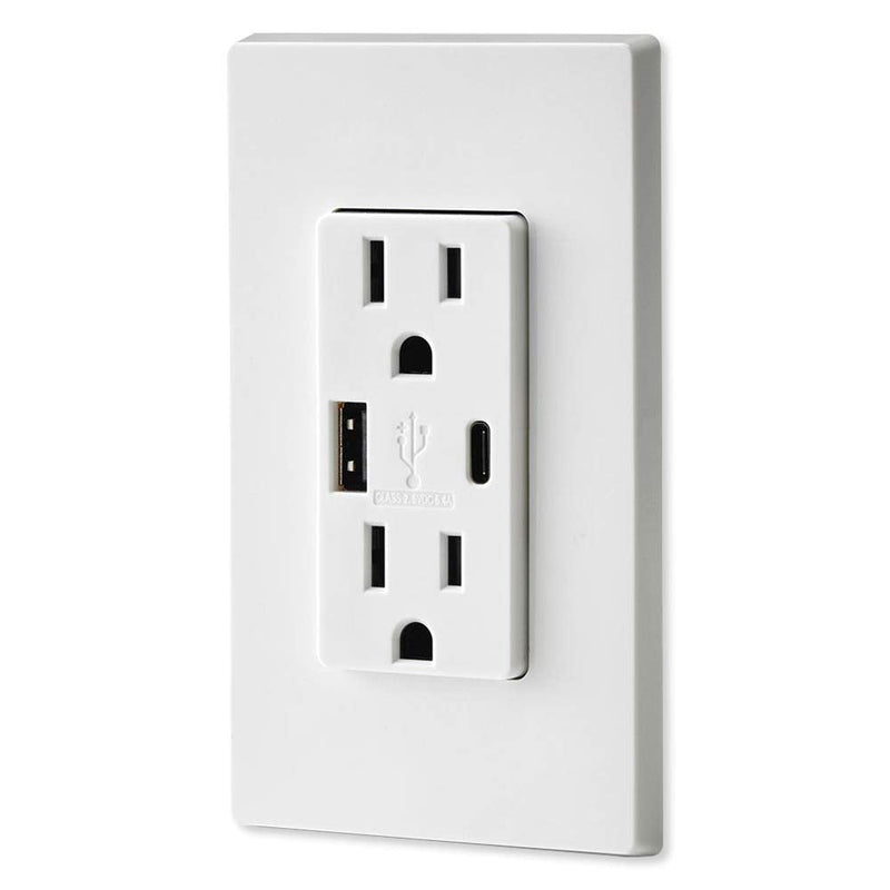 Leviton T5633-W 15-Amp Type A & Type-C USB Charger/Tamper Resistant Outlet, Not for Laptops, White