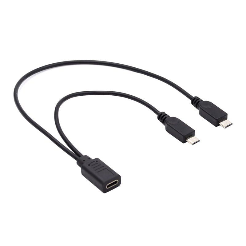 cablecc Black DC 5V Type-C USB-C Female to 5Pin Dual Micro USB Male Splitter Extension Charge 32AWG Cable USB-C to MicroUSB+MicroUSB