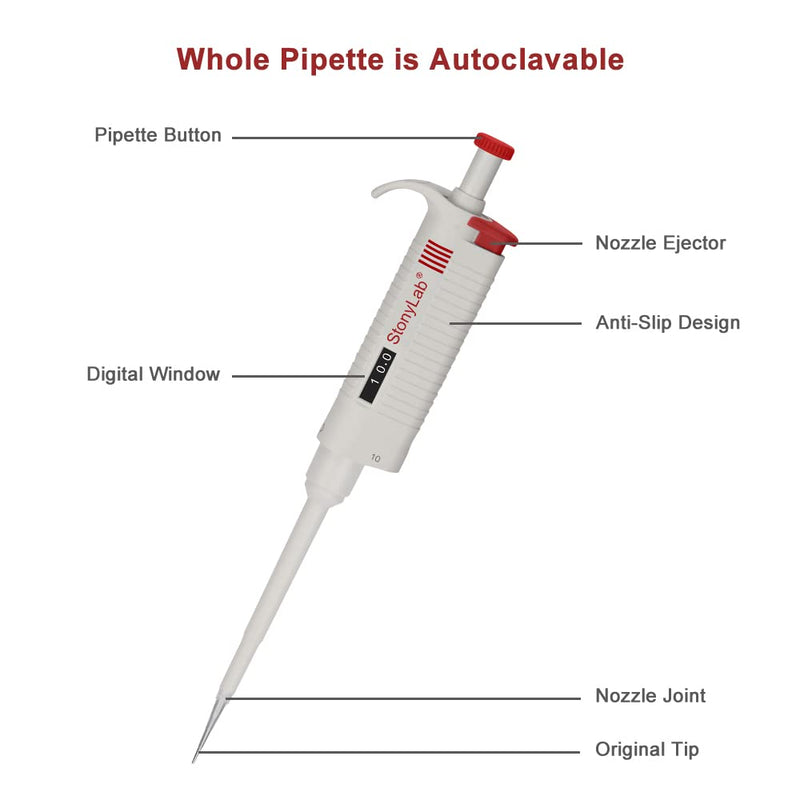 Stonylab Single Channel Pipettor Controller, Adjustable Variable Volume Micropipette Pipette Pipet with Autoclavable Tip Cone for Laboratory Research, 0.5-10 µL 0.5-10 ul