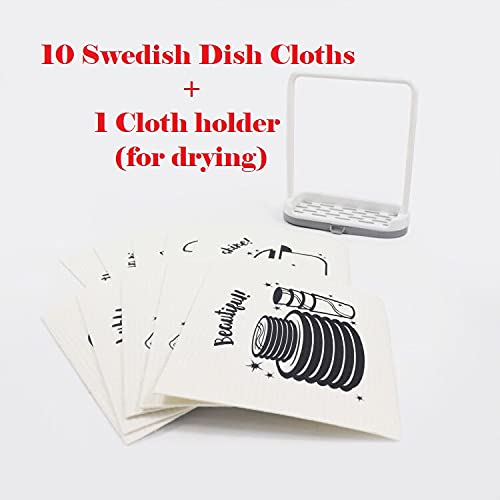 Swedish Dish Cloths Sale Plus Cloth Holder Hanger, 10-Pack Compostable, Sustainable Eco-Friendly Kitchen Dish Cloth Rag, Washable, Reusable, Unique Gift. Ten Different Prints.