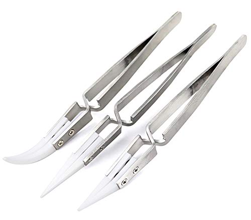 YAKAMOZ 3pcs Precision Reverse Ceramic Tweezers Non-Conductive, Heat Resistant, Anti-Magnetic Pointed & Curved Tips Tweezer Set for Pinching Coils While Firing