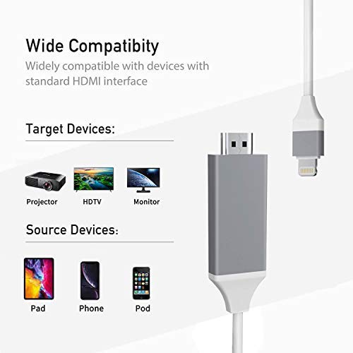 [Apple MFi Certified] Lightning to HDMI Adapter, 2K Lightning to HDMI Digital AV Adapter, 6.6ft iPhone to HDMI Adapter Sync Screen Connector Cable for iPhone iPad iPod on HDTV Monitor Projector –White White