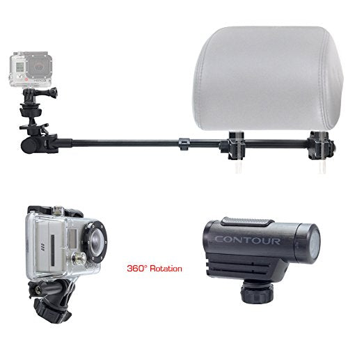 ChargerCity GoPro Fusion Session Hero7 Hero6 Hero 7 6 5 4 3 Secure Dual Post Lock Telescopic Headrest Mount with Sliding Aluminum arm (Compatible with All Gopro Hero/Session Camera case)
