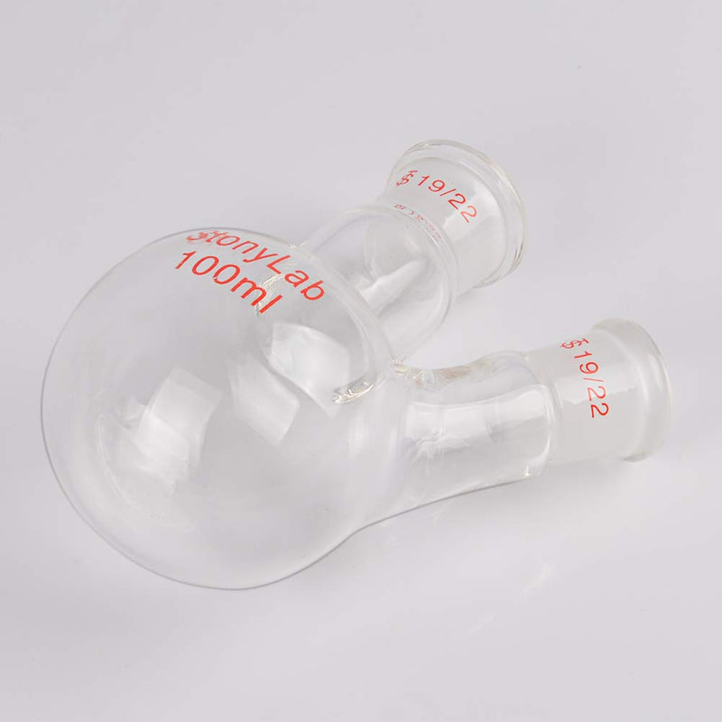 StonyLab Glass 100ml Heavy Wall 2 Neck Round Bottom Flask RBF, with 19/22 Center and Side Standard Taper Outer Joint - 100mL 100 ml