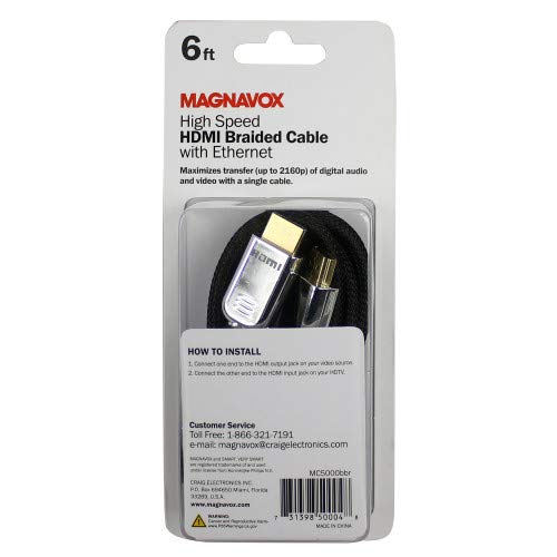 Magnavox MC5000BBR 6ft Gold-Plated 4K High Speed HDMI 2.0a Cable with Ethernet | HDR Compliant | Perfect for Xbox One, PS4, PS3 & PC | Fully Shielded & Heavily Braided Cord | Excellent for 4k UHD TV |