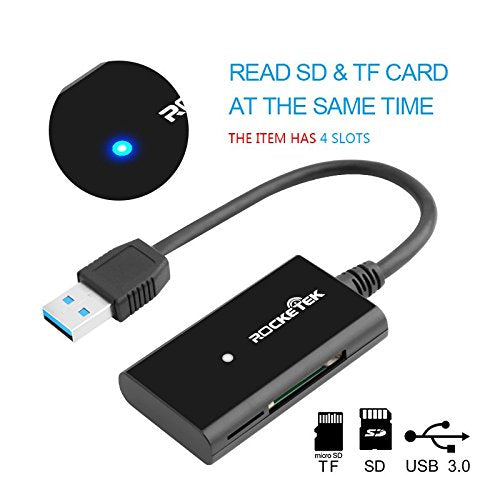 USB 3.0 SD Card Reader, Rocketek 4 Slots Memory Card Reader with a 13CM Flexible USB Cord for SDXC/SDHC/UHS-I SD Cards, Micro SD Cards, MMC memory cards - Simultaneously Read 2 Different Memory Cards