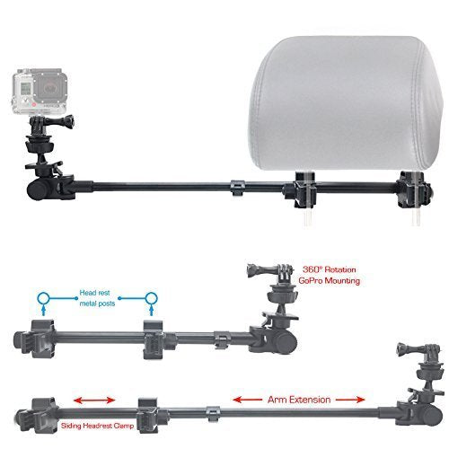 ChargerCity Dual Post Telescopic Headrest Mount for All GoPro Hero Session Sony Contour ROAM AKASO Yi 4K Action Cam Camera to Record Drifting Race Track Racing Video (Include Tripod Adapter & Wrench)
