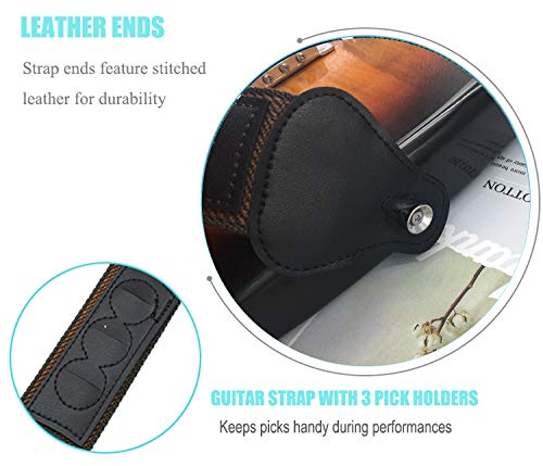 WOGOD Guitar Strap Soft Cotton Black Guitar Shoulder Straps With 3 Pick Holders for Acoustic Electric Bass Guitars (Black+Coffee) Black+Coffee