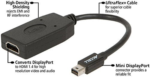 Accell mDP to HDMI Adapter - Mini DisplayPort 1.2 to HDMI 1.4 Active Adapter - 4K UHD @30Hz, 1920X1080@120Hz, 2560X1600@60Hz - Polybag, Model:B086B-007B-2