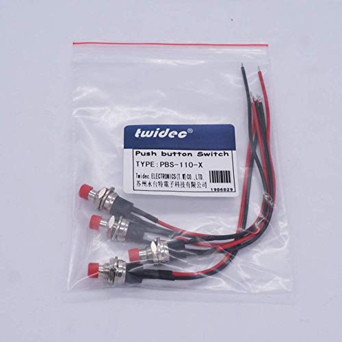 Twidec/4Pcs Latching Push Button Switch 3A 250V AC 2 Pins Self-Locking SPST ON/Off Red Mini Switch Pre-soldered Wires L-PBS-110-XR