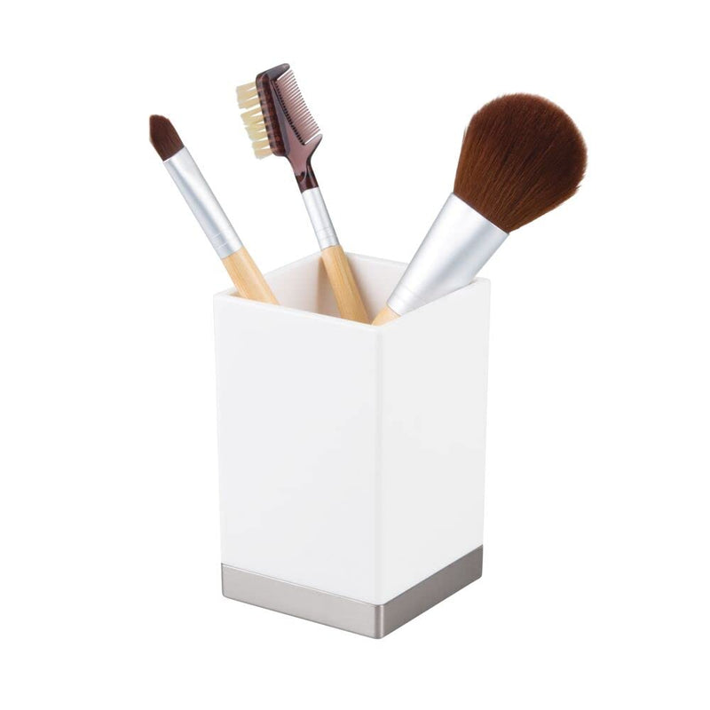 mDesign Plastic Bathroom Storage Jars, Vanity Decor Accessory, Countertop Organizers; Soap Dispenser, Toothbrush Holder, Toothpaste Caddy, Rinsing Cup; Lumiere Collection - Set of 4 - White/Brushed