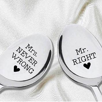 Mr Right Mrs Never Wrong-Engraved Spoon-Wedding Gift -Anniversary Gift-Cutlery Pair Of Spoons -Wedding Keepsake-Memento-Bride To Be