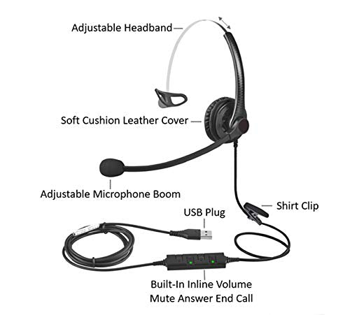 USB Plug Hands-Free Call Center Noise Cancelling Corded Monaural Headset Headphone with Mic Mircrophone for Both Office PC VOIP Softphone and Telephone with USB Plug for Headset