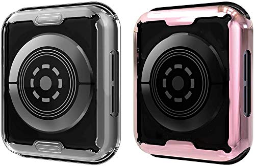 Simpeak Soft Screen Protector Bumper Case Compatible with Apple Watch 44mm Series 4 Series 5 Series 6 / SE, 2 Pack, Full Coverage Case Replacement for iWatch 44 mm, Clear+Rose Gold