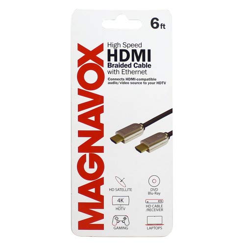 Magnavox MC5000BBR 6ft Gold-Plated 4K High Speed HDMI 2.0a Cable with Ethernet | HDR Compliant | Perfect for Xbox One, PS4, PS3 & PC | Fully Shielded & Heavily Braided Cord | Excellent for 4k UHD TV |