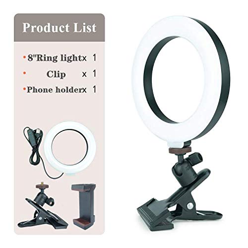8" Selfie Ring Light Video Conference Lighting with Clamp & Phone Holder for Desk, Bed, Office, YouTube, Video, Photography&TIK Tok, 3 Dimmable Color & 10 Brightness Level, 360 Degrees Rotatable
