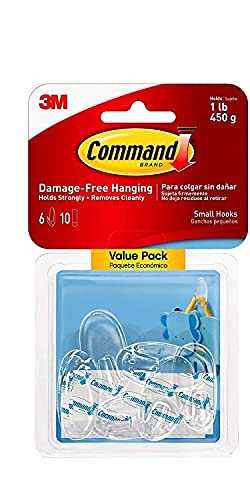 Command Small Hooks, Clear, 6-Hooks/Pack, 2-Packs, Organize Damage-Free 12 Hooks