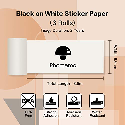 Phomemo White Self-Adhesive Thermal Paper, Glossy White Sticker Paper M02/M02 Pro/M02S/M03 Bluetooth Pocket Mobile Printer, 50mm x 3.5m, Diameter 30mm, 3-Rolls