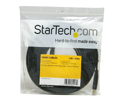 StarTech.com 15 ft Flat High Speed HDMI Cable with Ethernet - Ultra HD 4k x 2k HDMI Cable - HDMI to HDMI M/M - Flat HDMI Cable (HDMIMM15FL) Black 15 ft / 4.5m