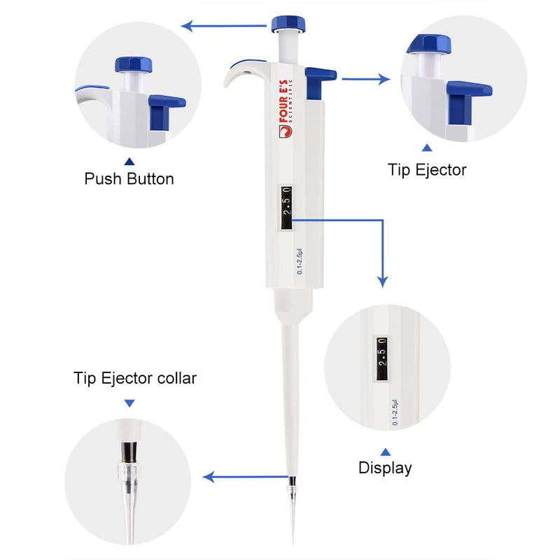 Four E's Scientific Variable Volume Single Channel Pipettors, 0.1-2.5uL