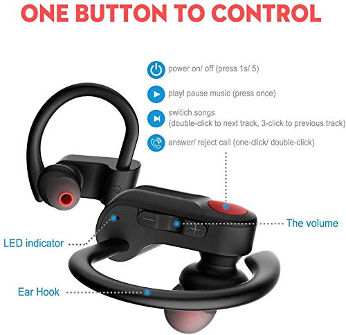 Bluetooth Headphones, 12Hrs & Bluetooth 5.0 Sport Earphones, IPX7 Waterproof Running Headphones w/CVC 6.0 Noise Cancelling Mic, for Running, Gym, Black