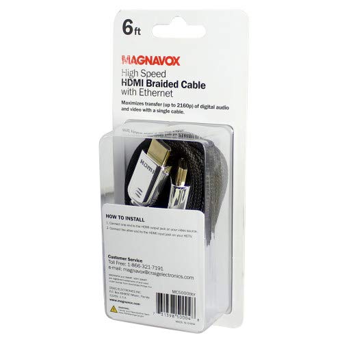 Magnavox MC5000BBR 6ft Gold-Plated 4K High Speed HDMI 2.0a Cable with Ethernet | HDR Compliant | Perfect for Xbox One, PS4, PS3 & PC | Fully Shielded & Heavily Braided Cord | Excellent for 4k UHD TV |