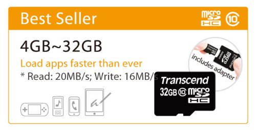 Transcend 16GB MicroSDHC Class10 Memory Card with Adapter 30 MB/s (TS16GUSDHC10) 16 GB Standard Packaging
