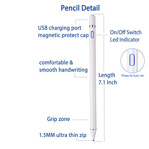 Stylus Pens for Touch Screens, Active Pencil Smart Digital Pens Rechargeable Fine Point Stylist Compatible with Apple iPad and Other Tablets (White) White