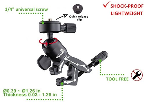 TAKEWAY Adjustable Camera Clamp Mount with 360°Rotatable Mini Ball Head and 1/4" Screew Quick Release Tabletop C Clampod Bar Clamp for GoPro/Brinno/DSLR/MILC/SLR Camera and More Action Camera R2-PLUS