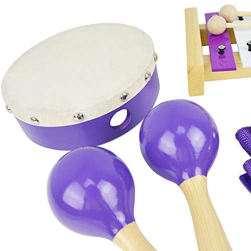 A-Star 8 Piece Children's Percussion Set with Storage Carry Bag, Educational Wooden Plastic Metal Musical Instruments for Kids - Purple Theme 6 Piece percussion pack