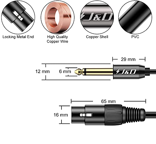 J&D XLR to 1/4 inch Mono Microphone Cable, PVC Shelled 6.35mm 1/4 inch TS Male to XLR Female Unbalance Interconnect Microphone Audio Cable Adapter for Speaker Mic Guitar Mixer AMP, 5 Feet 1.5 Meter