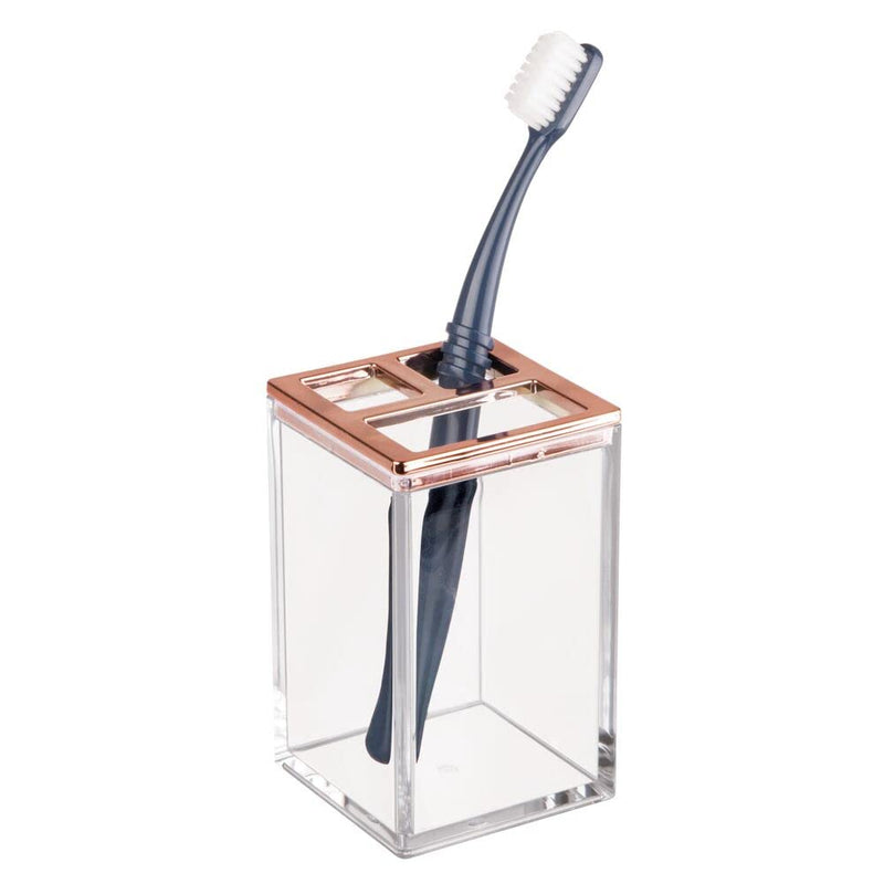 [AUSTRALIA] - mDesign Plastic Bathroom Storage Jars, Vanity Decor Accessory, Countertop Organizers; Soap Dispenser, Toothbrush Holder, Toothpaste Caddy, Rinsing Cup; Lumiere Collection - Set of 4 - Clear/Rose Gold 