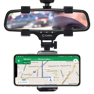 Cellet Vehicle Rear View Mirror Phone Holder Mount Universal Smartphone Cradle Compatible to iPhone 13 12 Pro Max mini 11 XR XS X 8 Note 20 10 9 Galaxy S21 S20 S10 Google Map GPS Navigation Pixel Moto