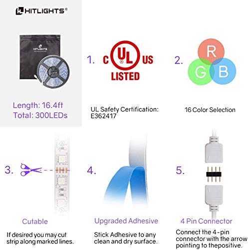 [AUSTRALIA] - HitLights UL Listed LED Strip Lights Waterproof IP67 - 16.4ft 5050 RGB 300LEDs, 12V for Room Under Kitchen Bedroom Home Decoration UL Listed RGB 300LED IP67 
