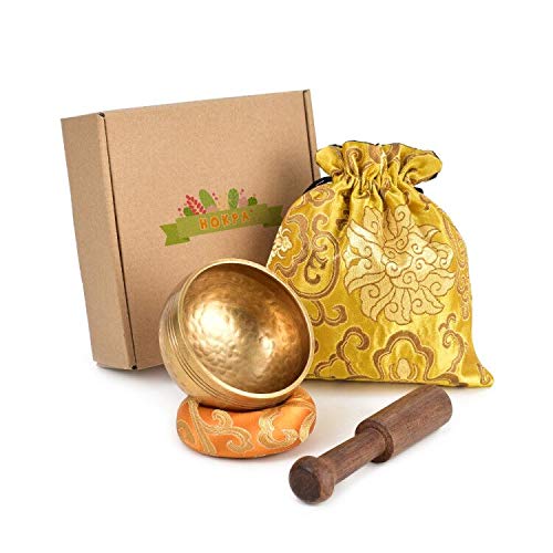 HOKPA Tibetan Singing Bowl Set, Meditation Bowl Handcrafted for Yoga Room Living Room with Gold Silk Pouch