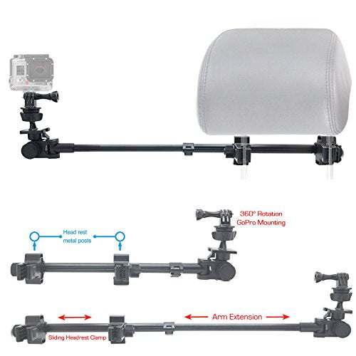ChargerCity GoPro Fusion Session Hero7 Hero6 Hero 7 6 5 4 3 Secure Dual Post Lock Telescopic Headrest Mount with Sliding Aluminum arm (Compatible with All Gopro Hero/Session Camera case)