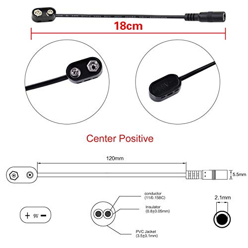 Rayzm 5Pcs Battery Clip Converter Cable 18cm, 9V Power Cable Snap Connector, 2.1mm * 5.5mm Female Plug (Center Positive)