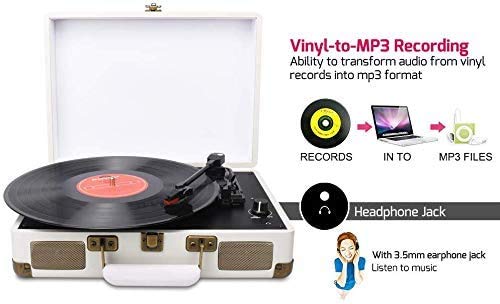 DIGITNOW! Vinyl Record Player 3 Speeds with Built-in Stereo Speakers, Supports USB / RCA Output / Headphone Jack / MP3 / Mobile Phones Music Playback,Suitcase Design WHITE