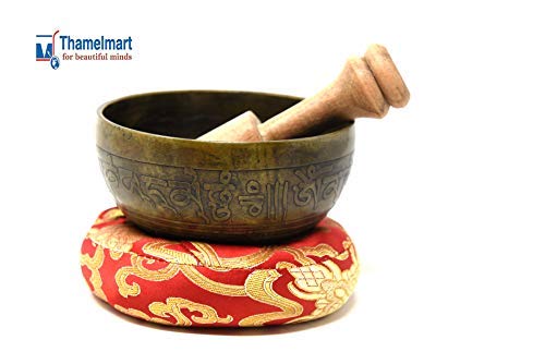 4" Mantra Carved Buddha Tibetan Singing Bowl, Hand Hammered Nepal Yoga Singing Bowls with"Om Tingsha"Cushion & Mallet Striker
