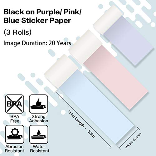 Phomemo Colorful Thermal Sticker Paper for Phomemo M02/M02 Pro/M02S/M03 Pocket Printer, Black Character on Purpple/Pink/Blue, 50mm x 3.5m, Diameter 30mm, 3 Rolls Blue