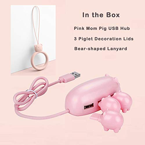 Cute USB Hub, JoyReken Pink Mom Pig USB Hub with 3 Piglet Decoration Lids, Great Gifts for Pig Lovers Cute Pig Stuff Pig Decorations Animal Hub Pink Computer Accessories