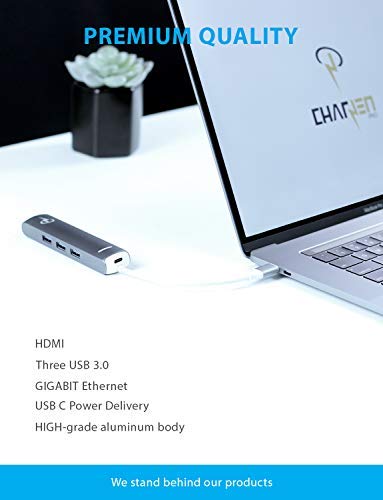 CharJenPro USB C Hub for All USB C laptops, Tablet, Phones. Gigabit Ethernet, USB C Power Delivery, HDMI 4K, 3 USB 3.0. Gray