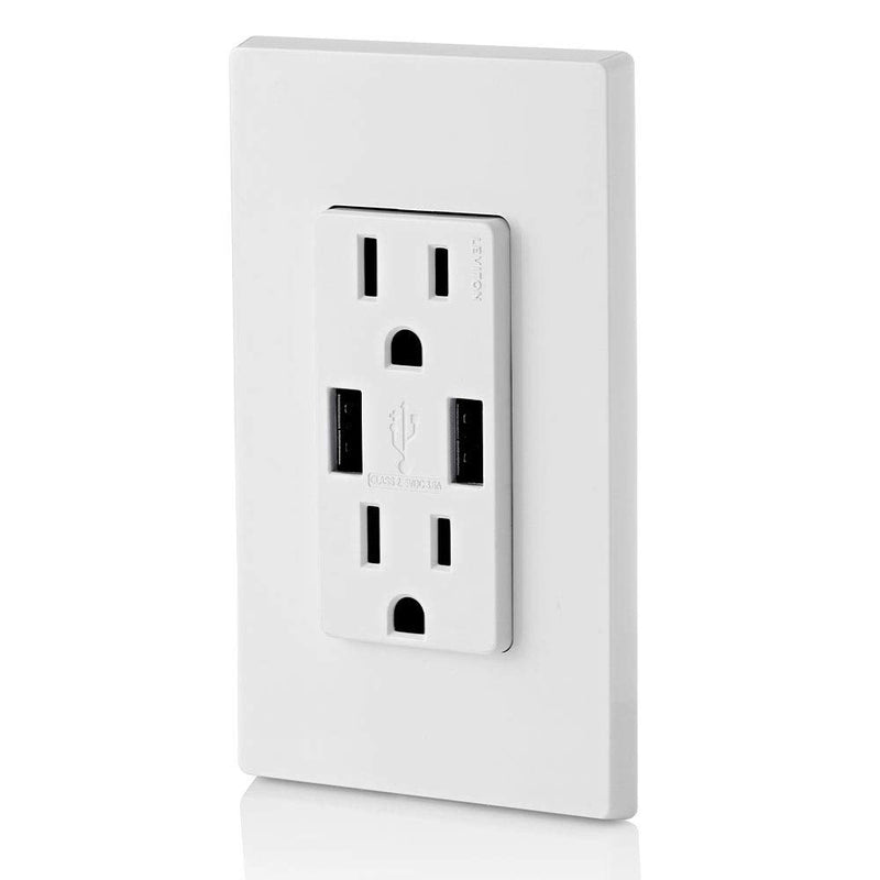 Leviton T5632-W 15-Amp Charger/Tamper Resistant Duplex Receptacle, 1-Pack, White