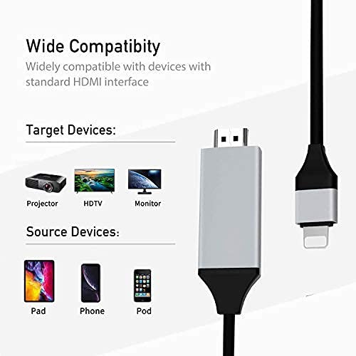 Apple MFi Certified Lightning to Digital AV Adapter,Lightning to HDMI iPhone to HDMI Adapter 2K HD TV Connector Cable Sync Screen Converter for iPhone/iPad/iPod to TV/Monitor/Projector-6.6 Ft, Black