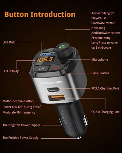 UNBREAKcable Bluetooth 5.0 FM Transmitter for Car, 18W PD3.0 & QC3.0 Car Charger, Wireless Bluetooth FM Radio Adapter, Bass Booster Music Player FM Car Kit, Hands-Free Calling, Support USB Drive