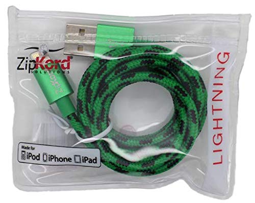ZipKord iPhone Lightning Cable - Apple MFi Certified Sync & Charge Cable for iPhone, iPad Pro/Air, and More - 3ft Braided Green/Black