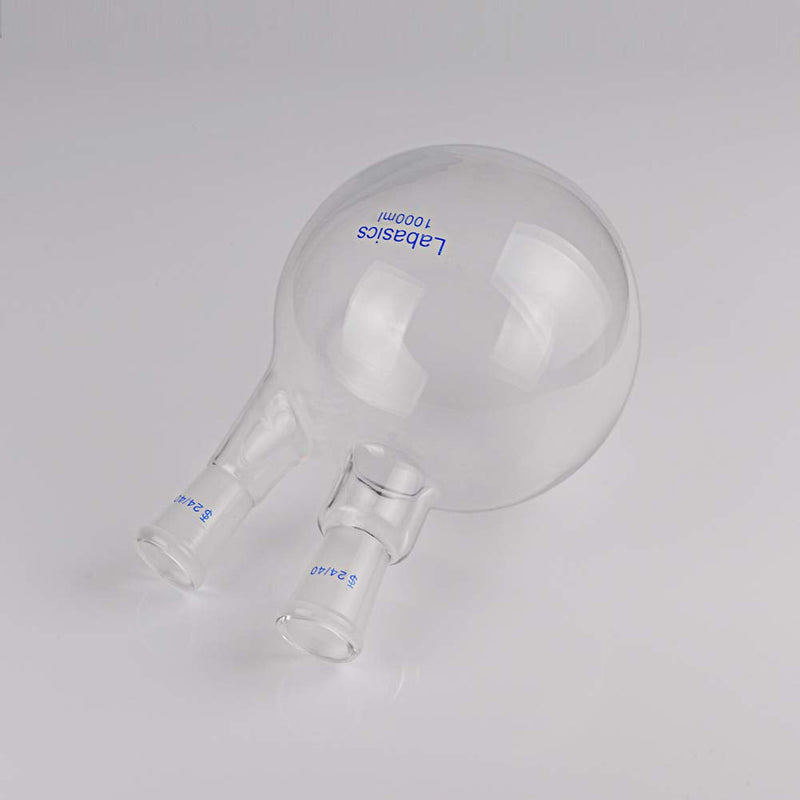 Labasics Glass 1000ml 2 Neck Round Bottom Flask RBF, with 24/40 Center and Side Standard Taper Outer Joint, 1000ml 1000 ml