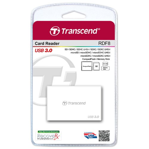 Transcend USB 3.0 Super Speed Multi-Card Reader for SD/SDHC/SDXC/MS/CF Cards (TS-RDF8W) White